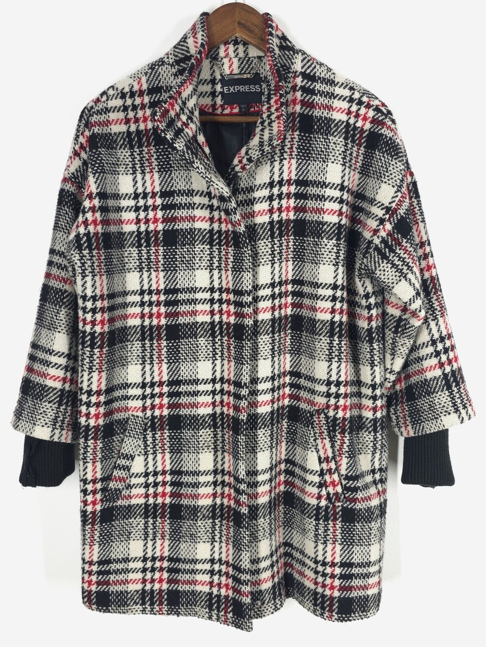 Express Women's Black, White & Red Plaid Pea Coat